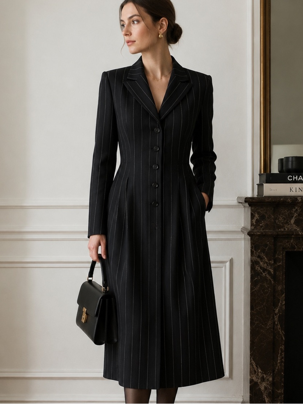 Vintage Mila Schön Italy Pinstripe Virgin Wool Blazer Coat Dress IT 42
